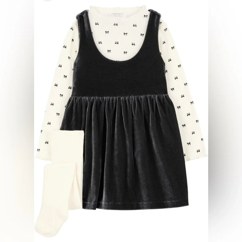 Carter’s Adorable Black Dress With White Long Sleeve Toddler Girl Set 3 Pieces
